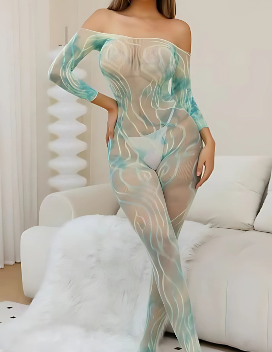 Off-Shoulder Teal Abstract Full Body Stocking – HY-68092